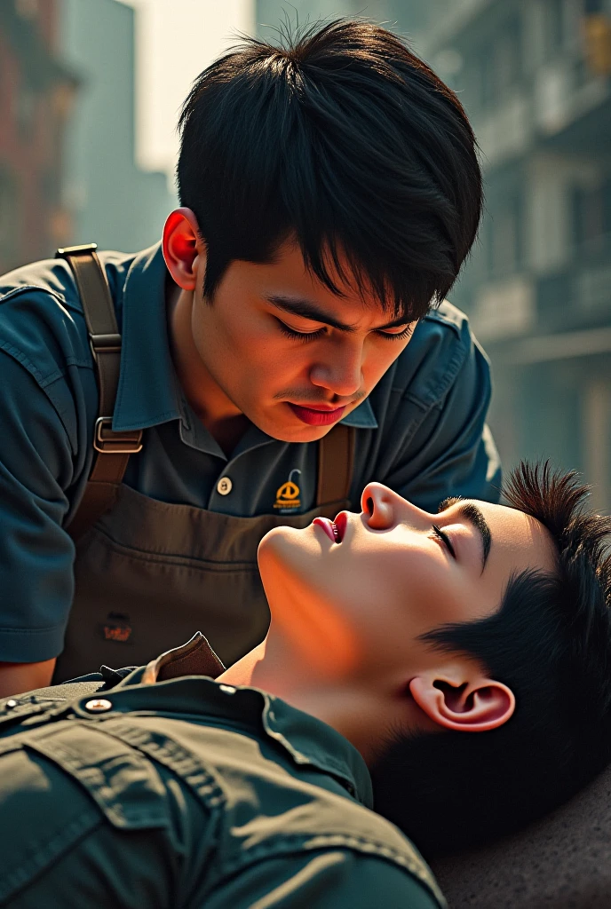 ((best quality)), ((masterpiece)), (detailed), 8K, HD, very masculine, a handsome and athletic 25 year old korean man, (((in firefighter uniform))), sweaty bodies, kissing an extremely handsome japanese man with oriental tattoos, gay, homoerotic, very romantic atmosphere, at night, ambient lighting, dramatic shadows, fill frame, perfection