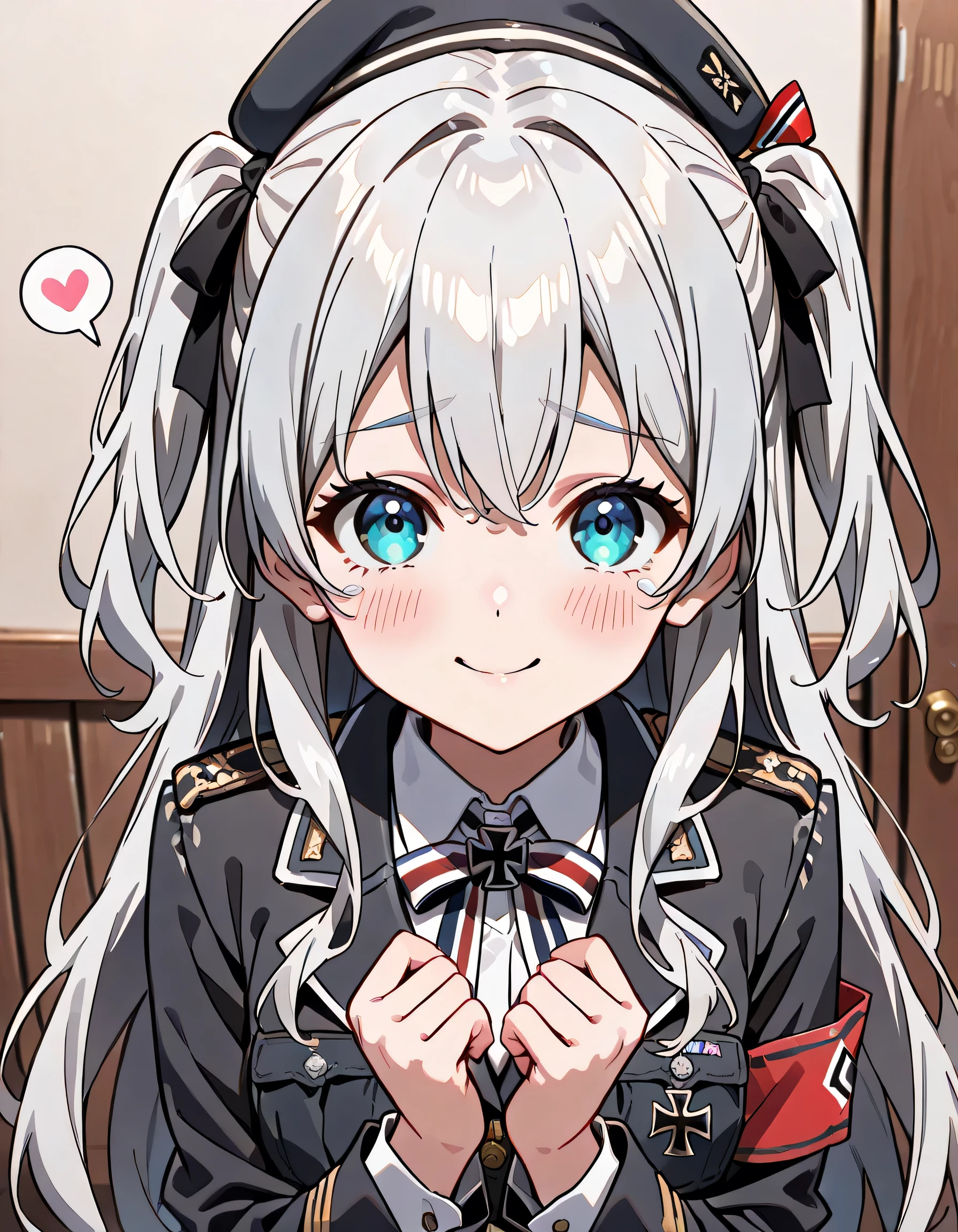 ((ultra-detailed)), (highly detailed CG illustration), (best quality:1.2), ultra-highly detailed, colorful composition, artistic photoshoot, 1girl, solo focus, ((upper body:1.4)), moe anime character, girl, dainty facial structure, (baby face), (round face), ((rounded chin:1.2)), celia-default, celia claire, ((blue eyes:1.4)), ((silver hair color)), ((two side up hair)), ample breasts, ((french air force light blue uniform with gold decoration during World War II)), ((white collar inner shirt)), ((German Navy military black uniform during World War II)), ((German Navy military black captain hat with gold decorationduring World War II)), ((Iron Cross on neck with red, black and white tricolor stripes ribbon:1.4)), ((gold aiguillette)), ((smile:1.4)), ((happy:1.4)), ((joyful:1.4)), ((cry with joy:1.4)), ((blush:1.4)), ((looking viewer)), ((spoken Heart:1.4)), ((pink heart background)), from front, best quality, masterpiece, expecting, pink cheek, blush, light pink gloss slip, portrait, depth of field, soft lighting, sidelighting, (shine), lighting, caustics, ray tracing, smile, perfect face, lustrous skin, highly detailed face, highly detailed eyes, perfect face, perfect nose, perfect hair, perfect eyes, perfect anatomy, beautiful hair, beautiful small face, extremely detailed face, beautiful detailed eyes, beautiful clavicle, beautiful body, beautiful ample breasts, leavage, breasts squeezed together, equalize the size of the left and right breasts, beautiful thin thighs, beautiful legs, beautiful fingers, 4 fingers, 1 thumb, lovely, (very detailed background:1.0), (highly detailed background:1.0), spring aesthetic, intricate details, joyful atmosphere, spring colors palette, chromatic aberration