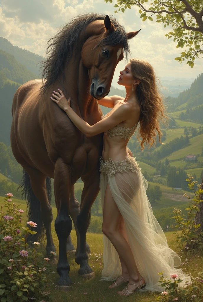 Sexy girl and his horse fuking garden