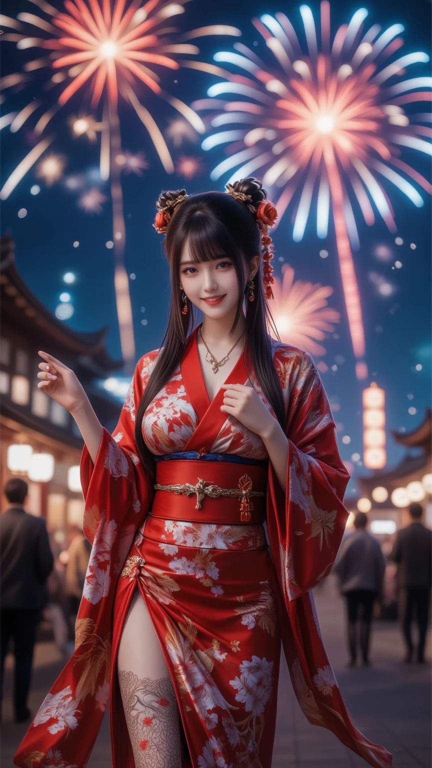 (8k、RAW photography、Highest quality、masterpiece:1.2)、(Realistic、Realistic:1.37)，Very detailed，In detail))。night，Fireworks display，Japanese，Beautiful woman，Big Breasts，Flashy gal makeup，Oiran，Long-sleeved kimono，Luxurious and gorgeous，Sunny clothes，Tying up hair，hairpin，hair ornaments，can，Oiran道中，Gorgeous and luxurious，(Fireworks displayのnightに河川敷で花火を背景にしたスナップ写真)，Accentuate your breasts，Pull the dress up to show your shoulders，Cleavage、Perfect body、Perfect Fingers