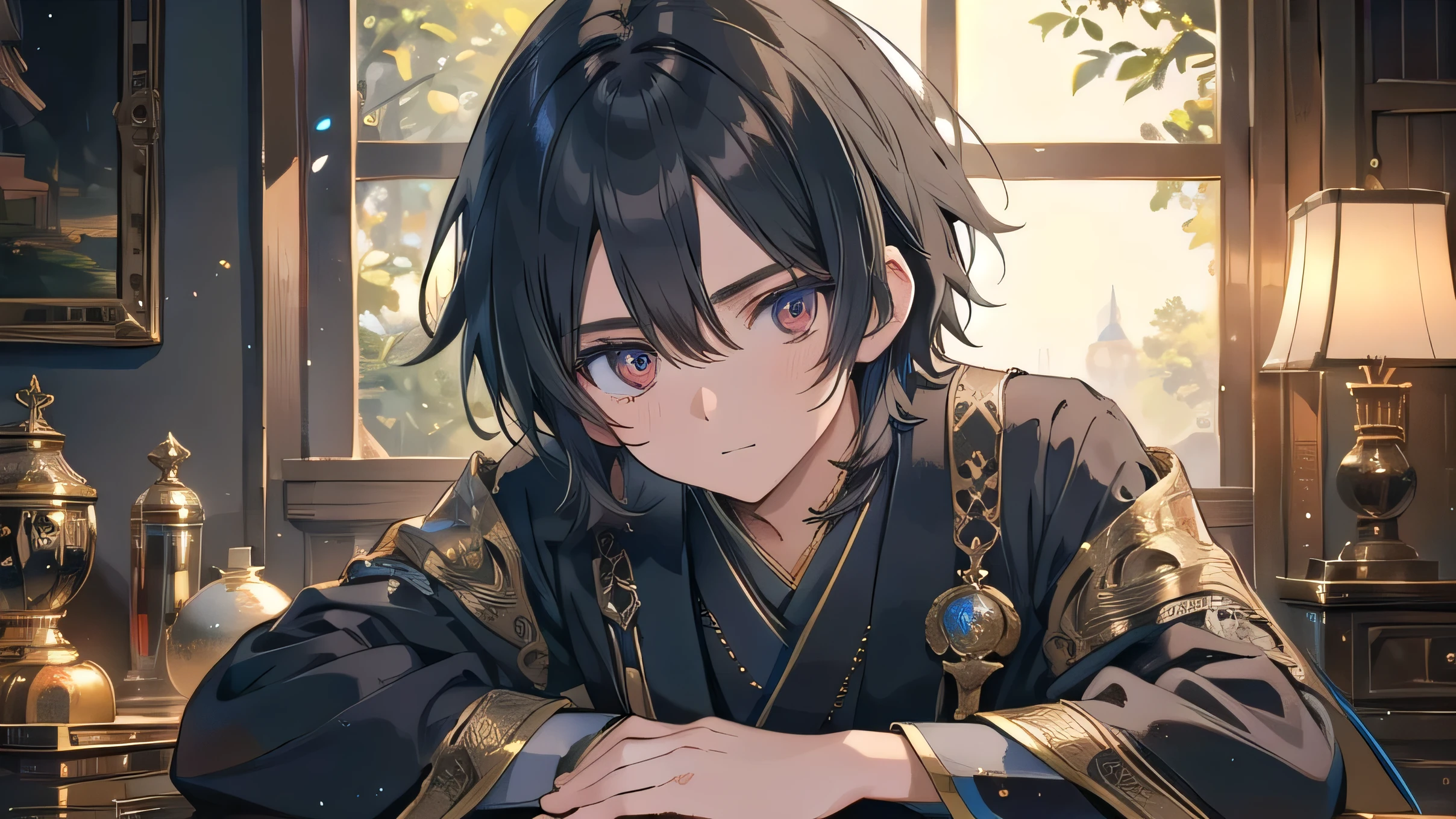 Intense Details,  HIGHLY Details, photorealistic, best quality, high definition,  reverse exchange, HIGH DETAILS, best quality, 16k, [ ultra More], masterpiece, best quality, (Extremely Detailed)((top quality)),((masterpiece)),Zenitendo Style,10th Generation,((( male,Handsome Guy))),black hair, scarlet eyes,mysterious,Japanese style,Yashige ,fantastic,Warm Lighting,Classical Outfits,antique, oriental,Shading Enhancement,dark fantasy,Oil painting style touch ,Exquisite Details,Solemn,aura,Narrative,Fearless Smile