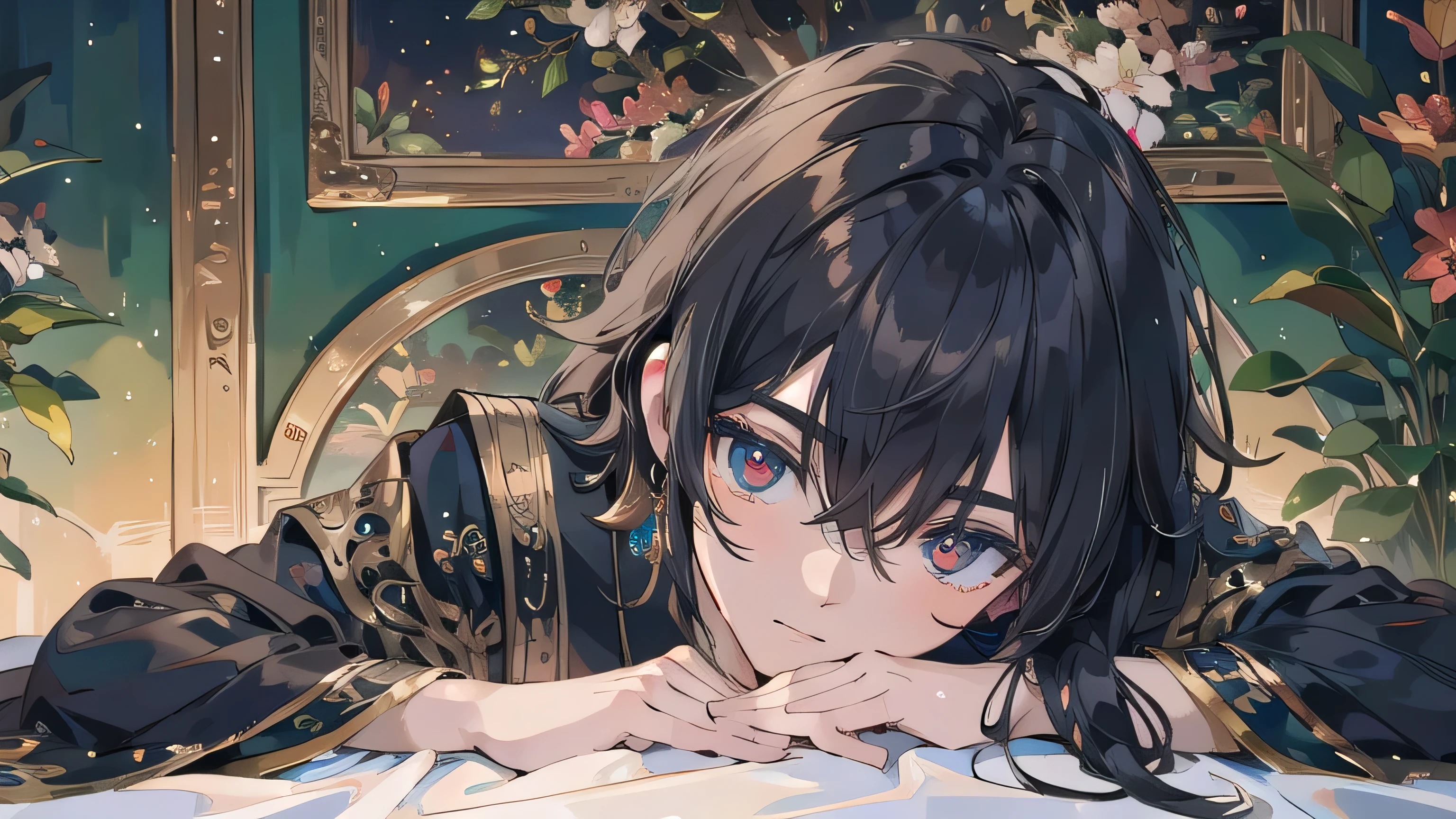 Intense Details,  HIGHLY Details, photorealistic, best quality, high definition,  reverse exchange, HIGH DETAILS, best quality, 16k, [ ultra More], masterpiece, best quality, (Extremely Detailed)((top quality)),((masterpiece)),Zenitendo Style,10th Generation,((( male,Handsome Guy))),black hair, scarlet eyes,mysterious,Japanese style,Yashige ,fantastic,Warm Lighting,Classical Outfits,antique, oriental,Shading Enhancement,dark fantasy,Oil painting style touch ,Exquisite Details,Solemn,aura,Narrative