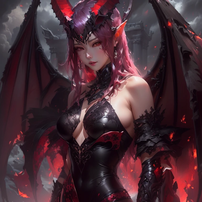 masterpiece, (Realistic:1.5), Highest quality, Beautiful lighting, fantasy, a girl, (only solo people ), 2 or more people NG, human/dragon hybrid, (perfect anatomy, perfect arms, perfect hands, perfect legs) , girl(human face, human body, dragon Horns on the head, dragon wings on the back, dragon tale to ), , beautiful , perfect face, large breCleavage, st, curvy, smile, , head tilt, stand alone, full-body, red bondage armor, gred, , dynamic angle, Attention to detail, Sharp focus, dramatic, (RAW Photos, 8K Ultra HD, Film Grain), Caustics, Scattered beneath the sur, reflection