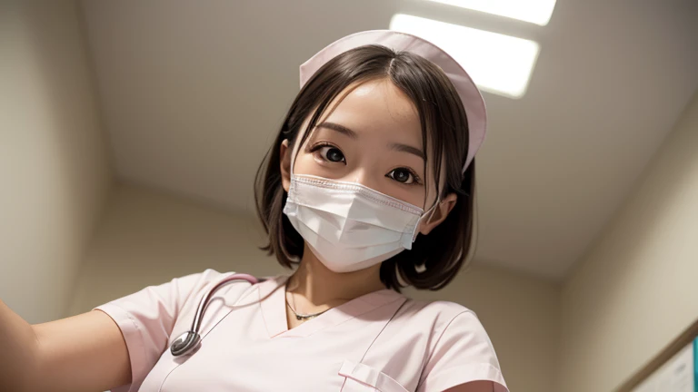 (Tabletop、Highest quality、8k、Award-winning works、Ultra-high resolution)、(one beautiful nurse:1.1)、(Perfect white nurse uniform:1.1)、(White Mask:1.1)、Accurate anatomy、(The background of the hospital room is strongly blurred:1.1)、very bright white lighting、(Face close-up:1.2)、Perfect beautiful makeup、Great cinema lighting、Tyndall effect、Elegantly upright