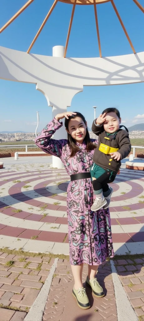 masterpiece, best quality, hyperrealistic illustration, 16k, (high dynamic range), high resolution, delicate face, Two people, man squatting, Glasses, Holding the girl, girl standing, perfect hands, happy, blue sky, Baiyun,