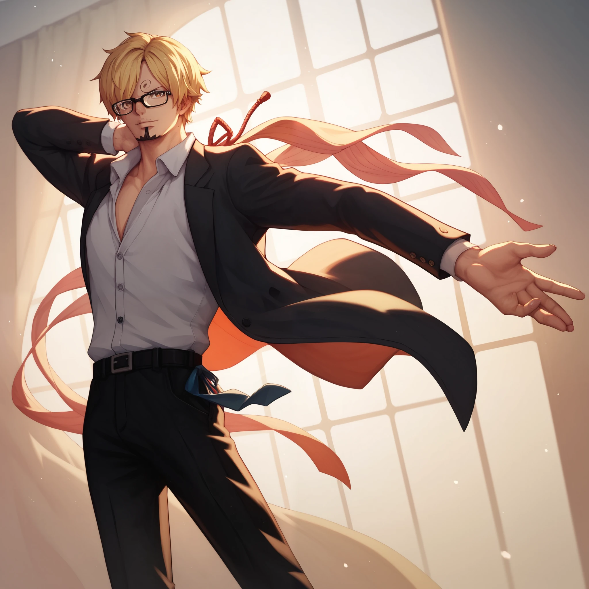 sanji, glasses, formal, black pants, looking at viewer, solo, dancing, perfect hands