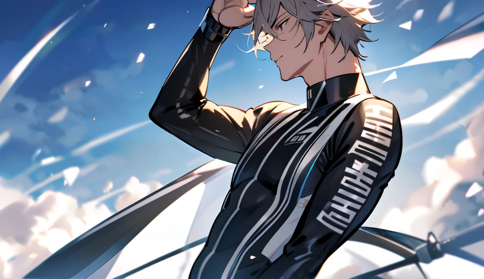 male、Gray Hair、White Hair、Short Hair、Red Eye、Cold-blooded man、Handsome、Well-built、Cold Face、Well-formed face、Swimwear、Ocean、A good man who also drips water、Soaking wet、Rash guard、See-through、Water runs down my hair and cheeks.、run down、Pushing her bangs aside with her hand、The lower half of the body is in the water
