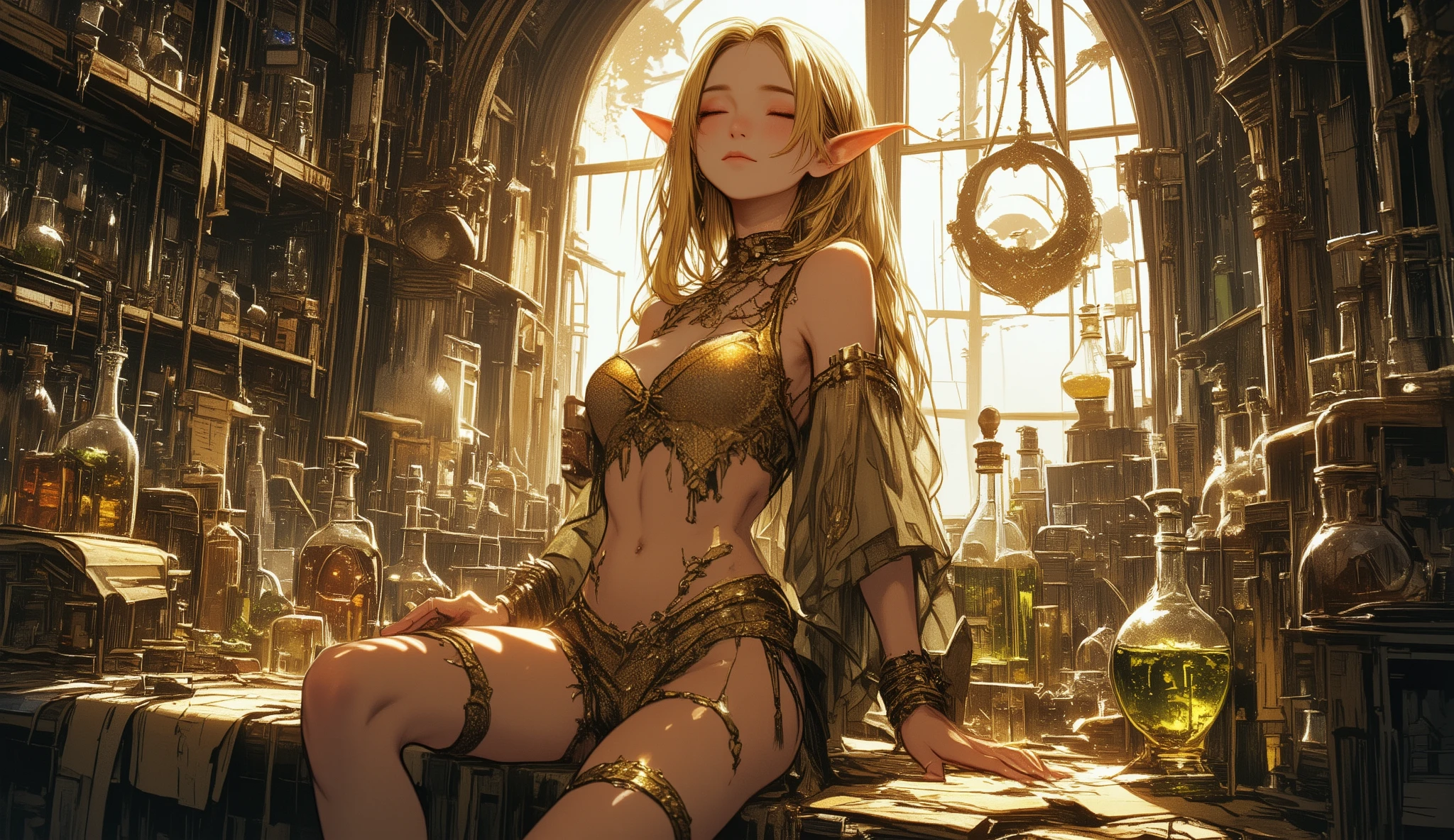 (masterpiece, top quality, best quality, official art, beautiful and aesthetic:1.2), (1girl:1.3), extreme detailed,(fractal art:1.3),colorful, highest detailed (golden lips, black eyes), (light painting :1.3), (auto-destructive art :1.3)Beautiful high elf woman with long blonde straight hair with bangs wearing tight rope lingerie made of gold, sitting on the edge from a royal bed.
(Muscular body),(tall woman),(Hourglass Figure)