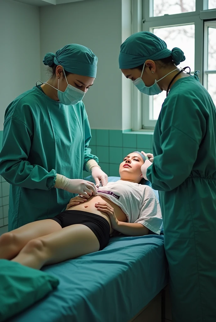 Female gynecologist doctor examining a teenage patient's vagina with her lying on the examination table with her legs open, the mother is by her side.