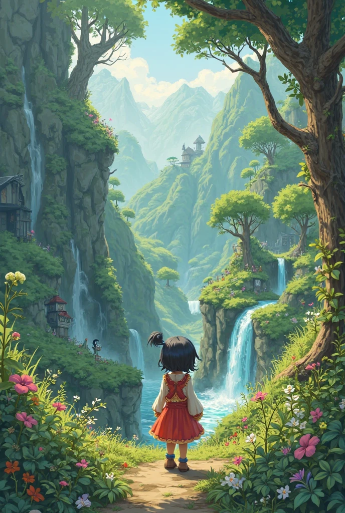 a poster,The theme is tea。A little Miao girl wearing silver jewelry,ssmile,Next to a huge transparent teapot,Tea flows out。tea plantation,Light green tones,brightened light,Graphic illustration。Large composition, large field of view。