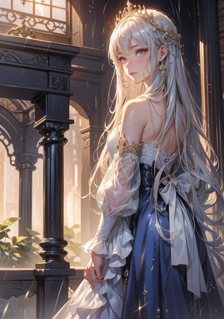 (masterpiece:1.5, Highest quality, Very detailed、 Dutch Angle、Semi-Realistic、Fantasy)(One girl, alone)(White and beautiful hair:1.4,,Straight Long Hair)(White based dress)、((Off the shoulder、Medium Chest、ruby necklace))(from backside,The buttocks are slightly visible、Legs wrapped in tights)(Beautiful starry sky、Mystical Night、Particles of light float around the woman、Fantasyな空間)Kiana Kaslana