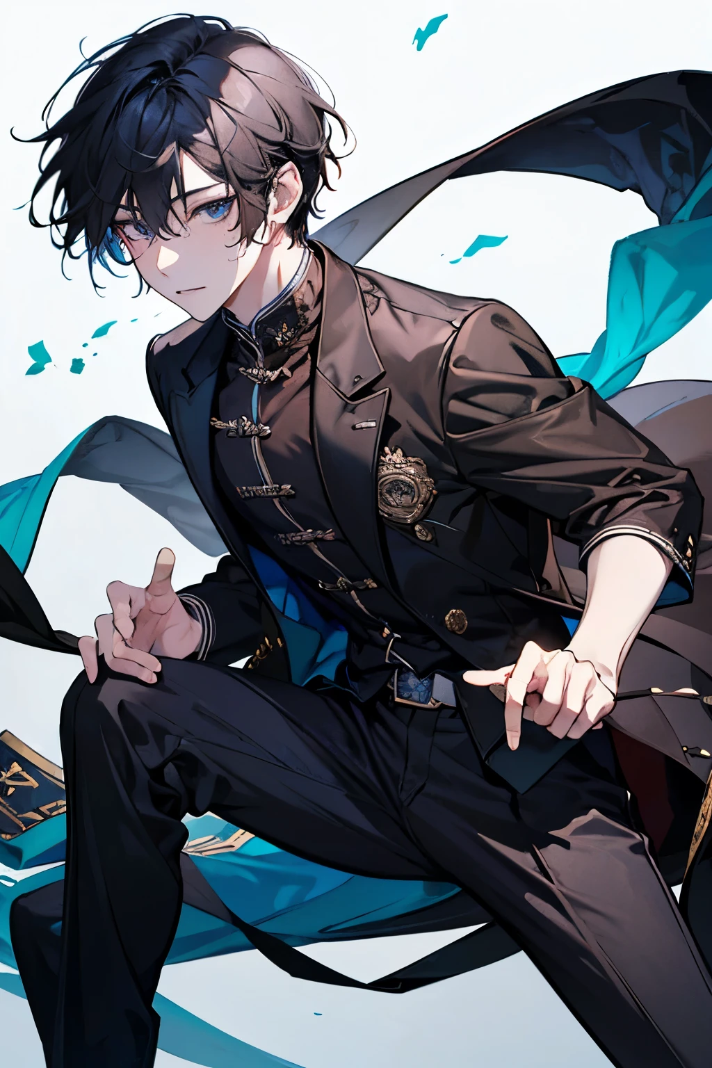 A close-up photo of a person , I'm wearing a black shirt and brown jacket., The handsome man of Touji Fushiguro, He has dark gray hair, Guwaze style artwork , tall anime character with blue eyes, man anime style, animation style, Animation Handsome man , , a delicate and neutral prince, beautiful Prince of Androgenus , sweaty suit made by Animation Painter Studio. 4K. 고화질. full body. various poses