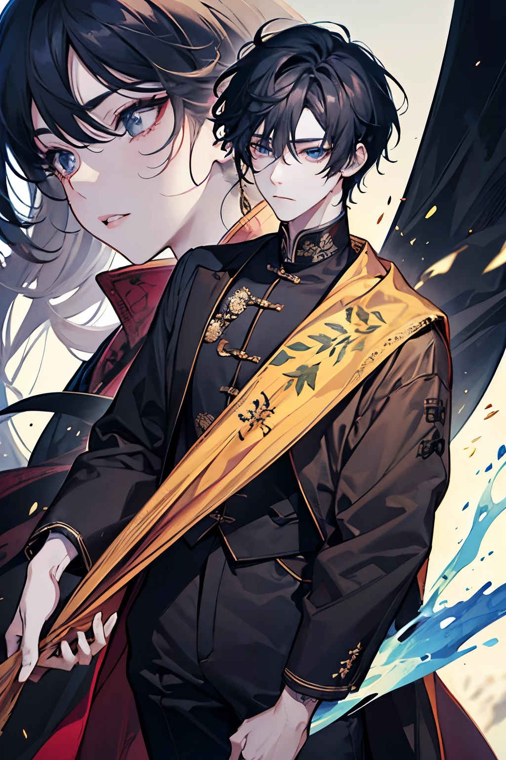  A close-up photo of a person , I'm wearing a black shirt and brown jacket., The handsome man of Touji Fushiguro, He has dark gray hair,  Guwaze style artwork , tall anime character with blue eyes, man anime style,  animation style,  Animation Handsome man , , a delicate and neutral prince,  beautiful Prince of Androgenus , sweaty suit made by Animation Painter Studio. 4K. 고화질.  full body. various poses