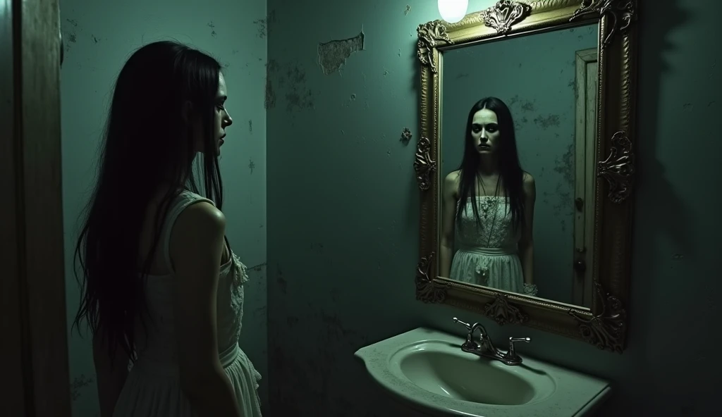 Samara crawling out of a television screen, her ghostly form dripping with water, her presence ominous wearing white dress