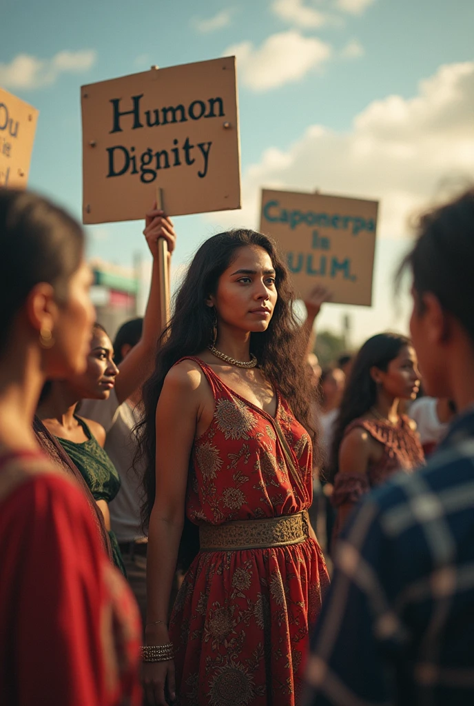 Age 23 young Hot Hindu girl feared wearing traditional clothes with poster in hand written save hindu white milky skin cuts and blood line on face and hand with many hindu and muslim people fighting each other and flag of bangladesh in background , open shocked reaction of girl