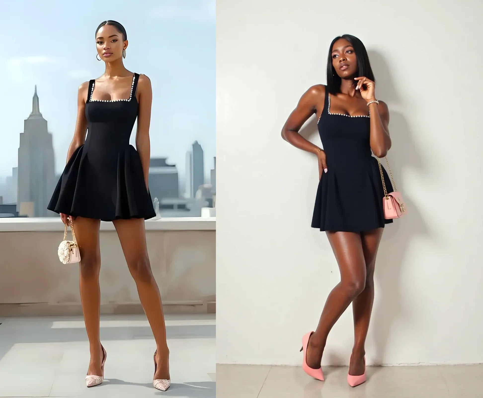 uma mulher em um vestido preto segurando uma bolsa rosa, Young lady, usando roupas simples e apertadas, cintura magra e quadris grossos, mulher negra sexy passa por eles, vestindo camisola e shorts, regata preta apertada e shorts, full body cute young lady, usando um vestido preto apertado, mulher jovem negra, bra and shorts streetwear, beautiful city black woman only