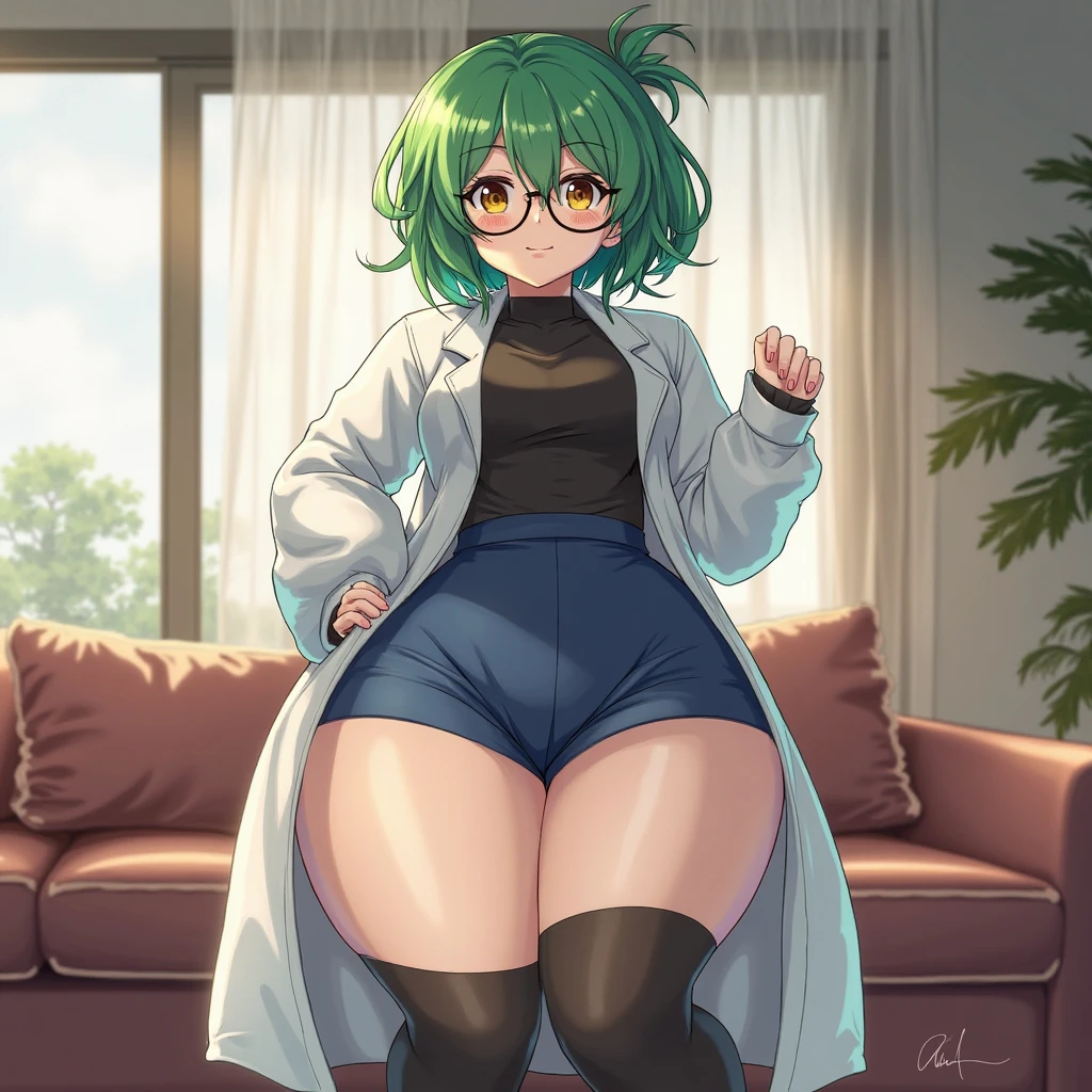 (masterpiece, best quality, high quality, highres, ultra-detailed), 1girl, bangs, bob cut, (bangs between eyes, hair cover one eye), blue eyes, (aqua hair), necklace, earrings, blue eyes, mature female, looking at viewer, mommy like body build, blue sky, older female, thick, red lipstick, thicc, medium breasts, extra wide hips, (black shirt, open white jacket, purple skirt, long black stocking, looking directly at viewer, standing), light smile, thick thighs, (standing split, standing_split)