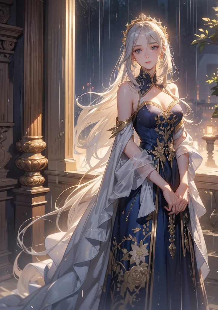 Phase One, ISO 100, lighting , sharpen , lightroom, fine art photography, highly detailed, 8 k, sharp details on face, photography, woman, looking at viewer, jewerly and hair on hair blonde, earrings, flowers, beauty, blue eyes. Full body. Dress. Sensual