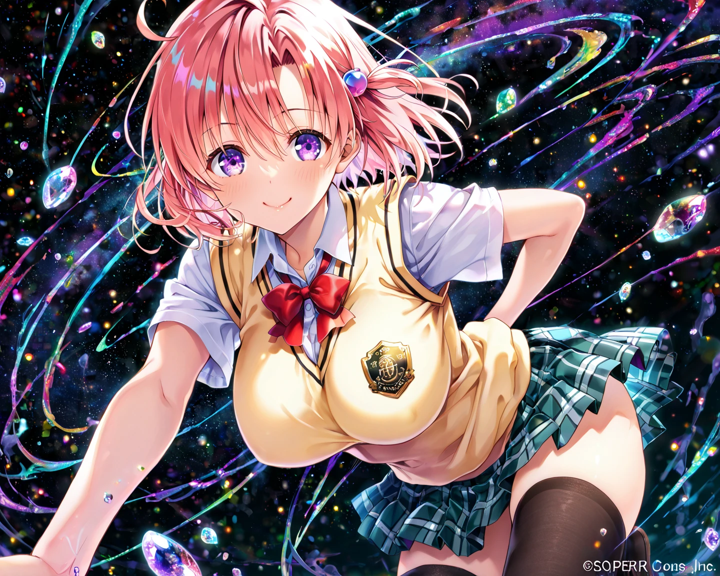 (Perfect body),Best Quality,16 K、NSFW、(((((Lori)))))、((((Short stature))))、blush、(V-shaped eyebrows)、:D、embarrassed from、((((Short hair))))、(hair messy)、waved hair、Ahoge、(Yellow eyes),((A pink-haired))、Yellow goggles on the head、Yellow Hair Clip、(((School uniform)))、(White knee socks)、(Pink gloves)、Yellow jacket、((light blue striped breast nipples)))、(((thick thighs)))、spreading legs、Armpits、Electronic space、