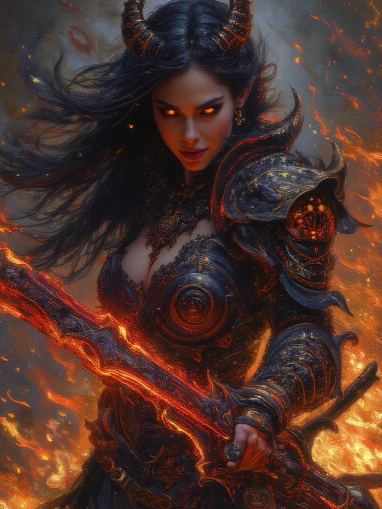 Beautiful mature female demon, horns, tail, cruel smile, red skin, sexy fetish armor, wreathed in fire, (fiery eyes:1.2), temptation, taking your soul, hellscape background, tortured souls, hordes of hell in the distance, (masterpiece), (photorealistic:1.4), RAW photo, best quality, high res, rich colors, backlight, bright sunlight, cinematic lighting, film grain, raw photo, 50mm lens, Nikon D850, warm colors
