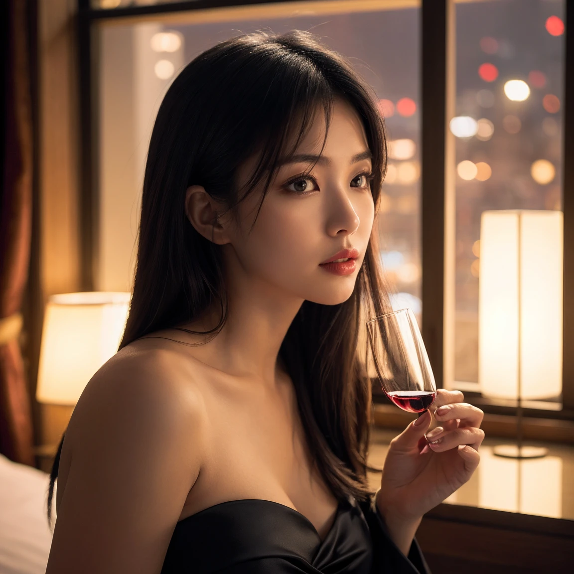 (64k, hyper HD, Top quality, Masterpiece: 1.2), (Realistic, Photorealistic: 1.37), Super detailed, Pretty woman 1 person, (Slim face), (Slim body), (Brown hair), (short cut), slight blush on cheeks, (41 years old), 38 years old, Solo, Outside the window is a beautiful and detailed night view of the city, restaurant, Wine glass sitting, At night, In a conspicuous place (From the waist up) NovaFrogStyle, Actress, model, Waist up, white wine, Slim, wineglass, Ultra-clean night view, The wine glass is placed in the middle, Happy smile, (Smile: 1.15), Beautiful fine eyes, Upper body, Broken Japan, Night, short, short, Actress, model, Waist up, white wine, Slim, wineglass, Ultra-clean night view, The wine glass is placed in the middle, Happy smile,