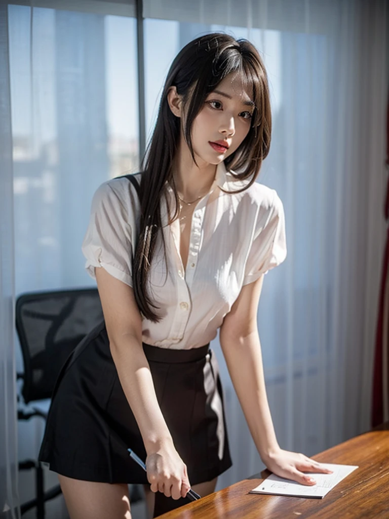 (((masturbation, hetero,, masturbation))), (((office lady, black recruit suit, white shirt, black tight skirt, black stockings, high heels)), (sitting in a chair, sitting on legs bending the knees, zoom camera in the crotch, angle from below), (unbuttoned shirt: 1.1), looking to the side, very angry, blushing, distressed, reluctant, glare, (sexual arousal: 1.5, pubic hair, lower abdomen bristles), NSFW, 8k, RAW photo, masterpiece, absurdity, top quality, high resolution: 1.1, ultra-detail, hyper-realistic: 1.4, realistic, photorealistic: 1.3, cinema light, film grain, closeup, full body, depth of field, eye focus, young, 85mm lens, f/1.4, Professional lighting, portrait, photon mapping, radiosity, physically based rendering, transparency, soft light, realistic face, realistic body, realistic skin, clean: 1.8, black hair, hairstyle to match the trend of Japan in 2023, big breasts: 1.2, blusher, good style, (very dark lip gloss, bright red lipstick, so many eyelashes, pitch black eyeshadow) , Japan person, night, office, company, camel toe, long legs, PureErosFace_V1: 0.8, dynamic pose