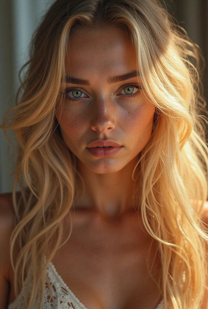 1girl,solo,long hair,breasts,looking at viewer,blonde hair,shirt,cleavage,jewelry,green eyes,white shirt,upper body,open clothes,necklace,bra,lips,open shirt,wavy hair,freckles,realistic,nose,unbuttoned