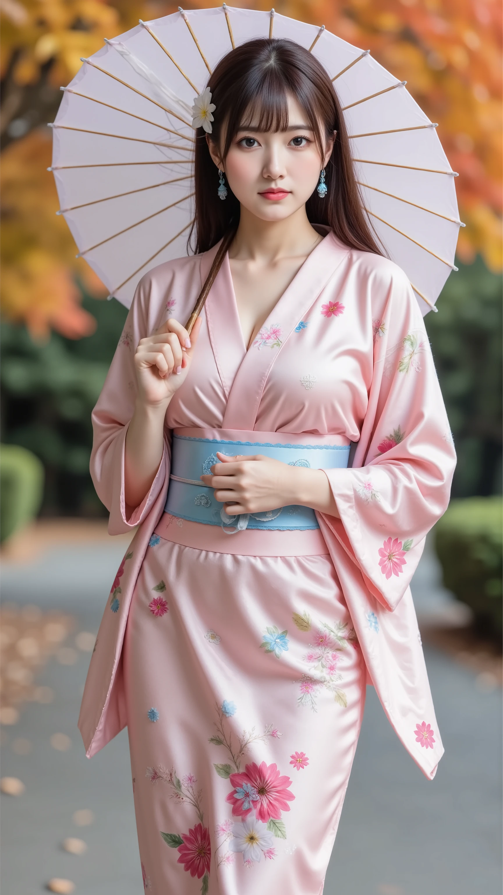 A beautiful young woman with long dark pink hair mixed with blue hair, (large breasts:1.5),sagging breasts,slender,skinny, She stands gracefully in a traditional pink kimono adorned with colorful floral patterns. She holds a large, elegant white parasol, and her hair is styled in soft waves, accented with a delicate flower. A small Hello Kitty charm hangs from her obi belt. In the background, vibrant autumn foliage complements the serene outdoor setting,
Masterpiece, High Resolution, Anatomically Correct, Best Quality, Textured Skin,