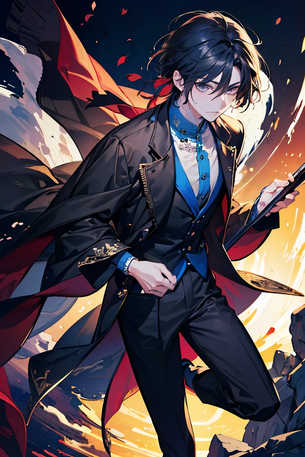  A close-up photo of a person , I'm wearing a black shirt and brown jacket., The handsome man of Touji Fushiguro, He has dark gray hair,  Guwaze style artwork , tall anime character with blue eyes, man anime style,  animation style,  Animation Handsome man , , a delicate and neutral prince,  beautiful Prince of Androgenus , sweaty suit made by Animation Painter Studio. 4K. 고화질.  full body. various poses