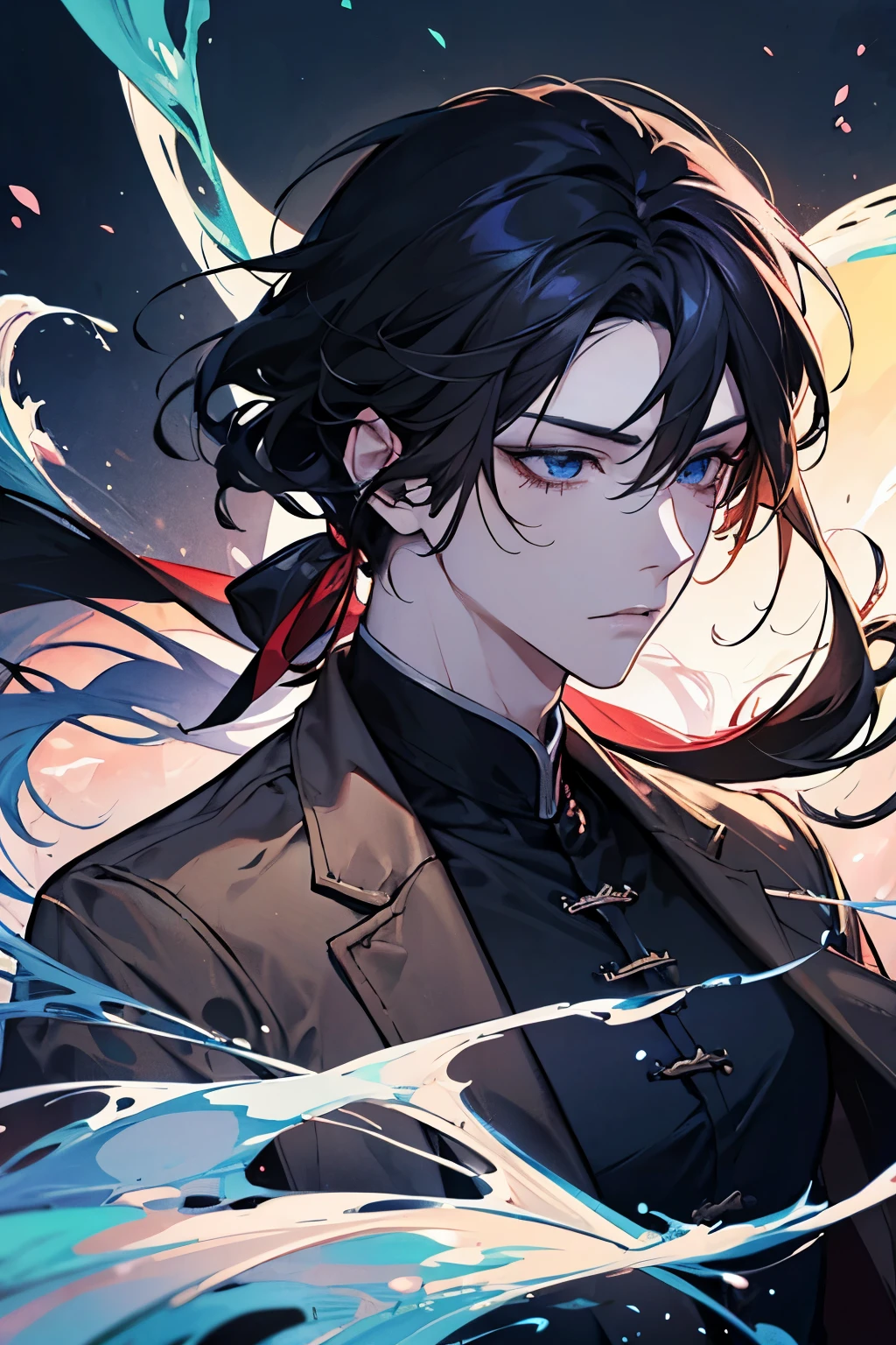 A close-up photo of a person , I'm wearing a black shirt and brown jacket., The handsome man of Touji Fushiguro, He has dark gray hair, Guwaze style artwork , tall anime character with blue eyes, man anime style, animation style, Animation Handsome man , , a delicate and neutral prince, beautiful Prince of Androgenus , sweaty suit made by Animation Painter Studio. 4K. 고화질. full body. various poses