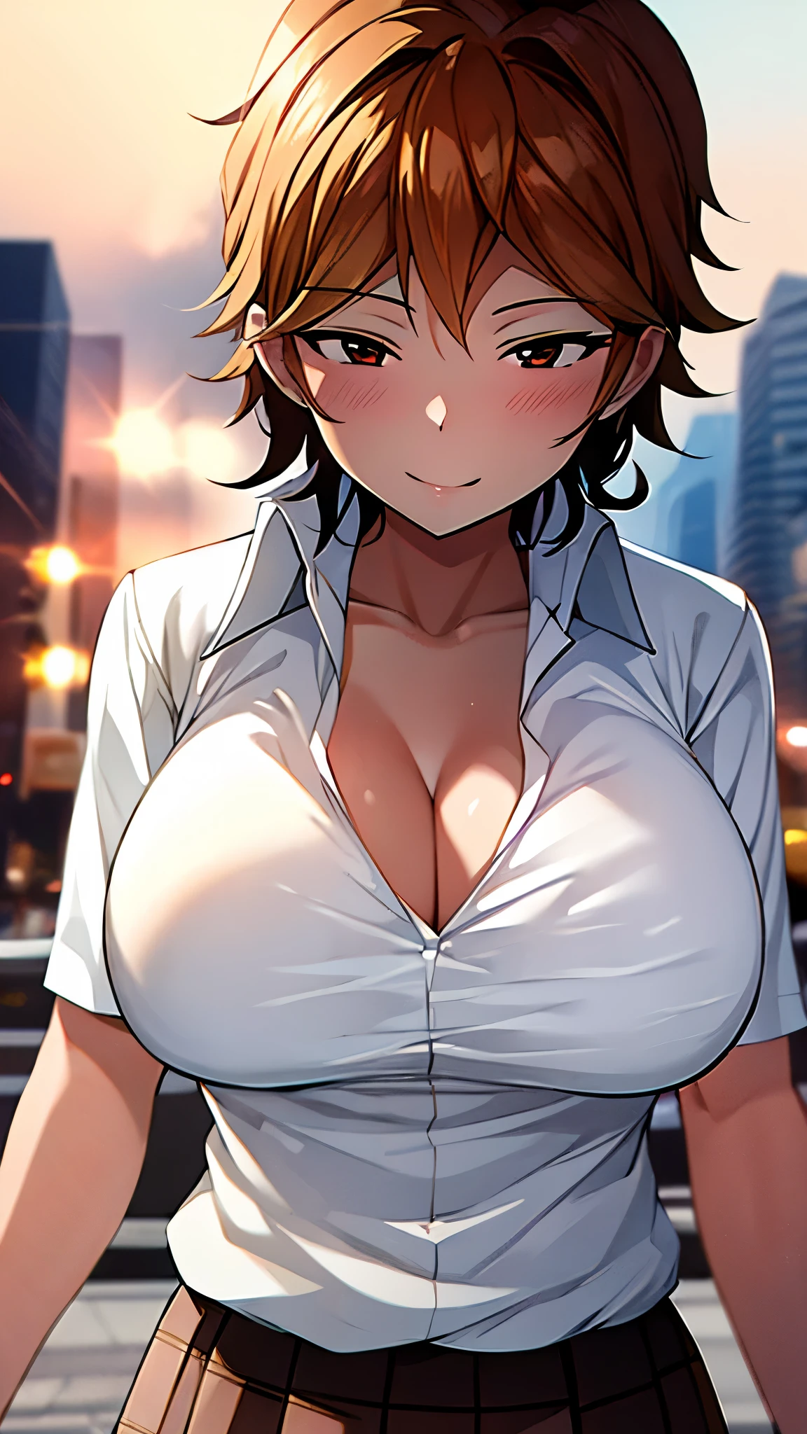 Sweat and wet body, sunset, a mexican businesswoman, lustful and perverted, Beige V-neck blouse with lace, translucent blouse, black bra, dynamic pose, Tight-fitting office dress, Pink pleated long fitted skirt with pleats, big chest, beautiful gradient, Full body, Beautiful anime style girl, clean detailed facesKawaii, anime girl, dynamic pose, massive chest, full body, Uhd digital painting, hyperdetailed triadic colors, unreal engine, intricate detail, complementary colors, 8k resolution, heavy strokes, dynamic light source
