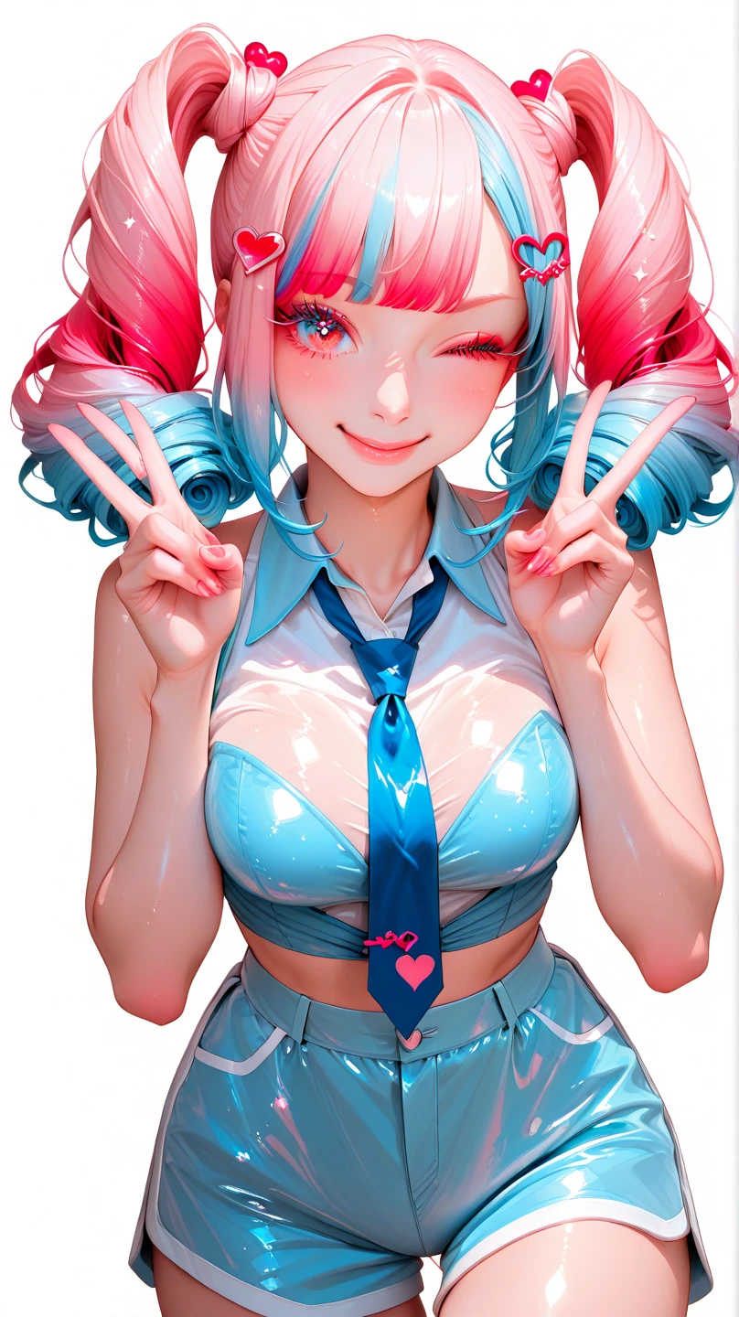 (masterpiece, best quality:1.2), (good anatomy, good hand:1.2), high detail, 1girl, ahoge, apron, bangle, bangs, blue_hair, blush, bracelet, breasts, collar, earrings, eyebrows_visible_through_hair, frills, hair_intakes, heart, jewelry, large_breasts, multicolored_hair, nail_polish, pill_earrings, pink_eyes, pink_hair, black_nails, ring, short_hair, smile, solo, sweat, thick_thighs, thighs, two-tone_hair,