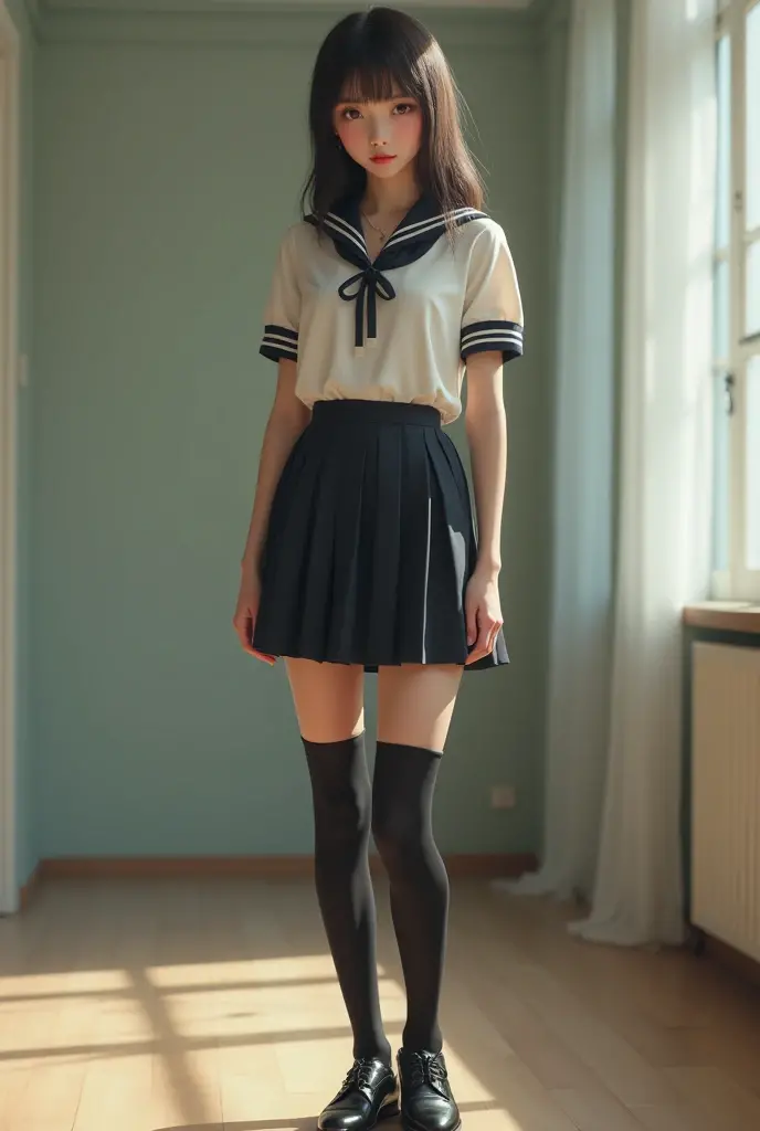 ((masterpiece)), Best Quality, extremely detailed face, ultra high resolution, (photorealist:1.4), Amazing, finely detail, huge file size, correct exposure, 1 girl, slender body, 162 cm tall, (intricate details), Alone, looking at the viewer, perfect lighting, realist, Lips, blush, shiny skin, White skin,extremely detailed face, beautiful detailed eyes, (Detalle standingl:1.2), make up, depth of vision, ((School uniform, above all,black stocking,leather shoes,)),Whole body, standing,