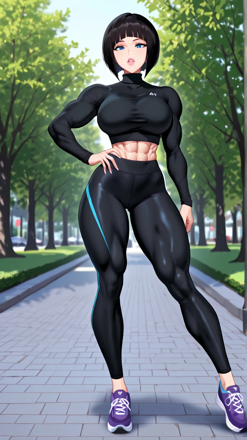 Masterpiece, artstation quality, Muscular gym woman,rollerblades, sunset, thick thighs, slender abs, black bodysuit, purse, gigantic breasts, black hair ponytail, extra long ponytail, masterful work of art,