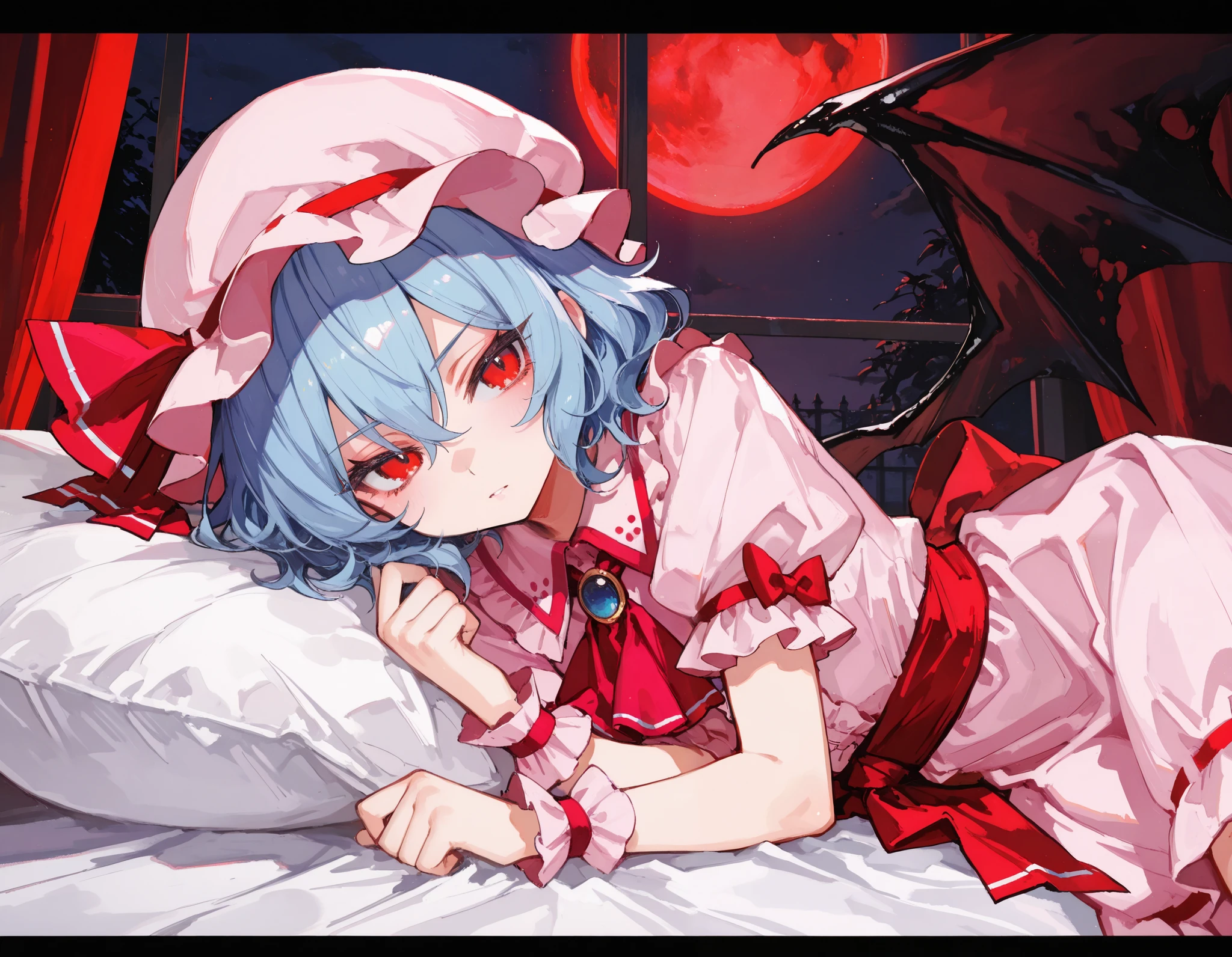 (yoneyama mai:0.4), (mika pikazo:0.4), (rei \(sanbonzakura\):0.4), (quasarcake:0.4),
(best quality, highest quality:1.2), masterpiece, top quality, ultra high definition, rich contrasts, HD, 8k, High Definition CG Unit Wallpaper, texture, Unbelievably Absurd, ultra high definition, RAW photos, Deep border:1.2, very detailed,
1girl, solo, Diabolical, newest, highres, absurdres, highly detailed, best quality, lying, bed room,
Anime Girls, blue hair, dress, frills, hat, hat ribbon, mob cap, pink dress, puffy sleeves, red ascot, red eyes, red sash, remilia scarlet, ribbon, sash, short hair, short sleeves, white dress, wings, wrist cuffs,
red full moon, night sky, night, red moonlight, red curtain, window, indoor,