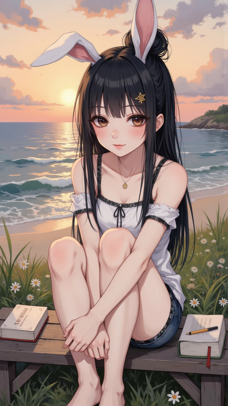 superflat, flat colors, 1girl, 19yo, slim, (small breast), long hair, topless, nipple, a toples woman kneeling on the beach next to the ocean, pixiv contest winner, sunset beach, young and slender, full color illustration, watercolor