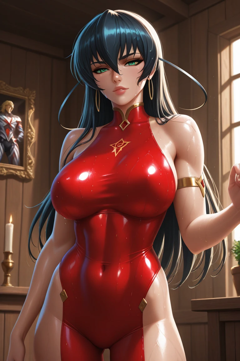 1girl, long hair, purple hair, ((blue eyes)), solo, Irelia, lips, medium breasts, looking at viewer with a coy smile, bunny girl, fake rabbit ears,rabbit tail, magenta leotard, detached collar, magenta bow, bare shoulders, black pantyhose, metallic armlets, armor, metallic boots, hands on hips, sexy pose, medieval background,