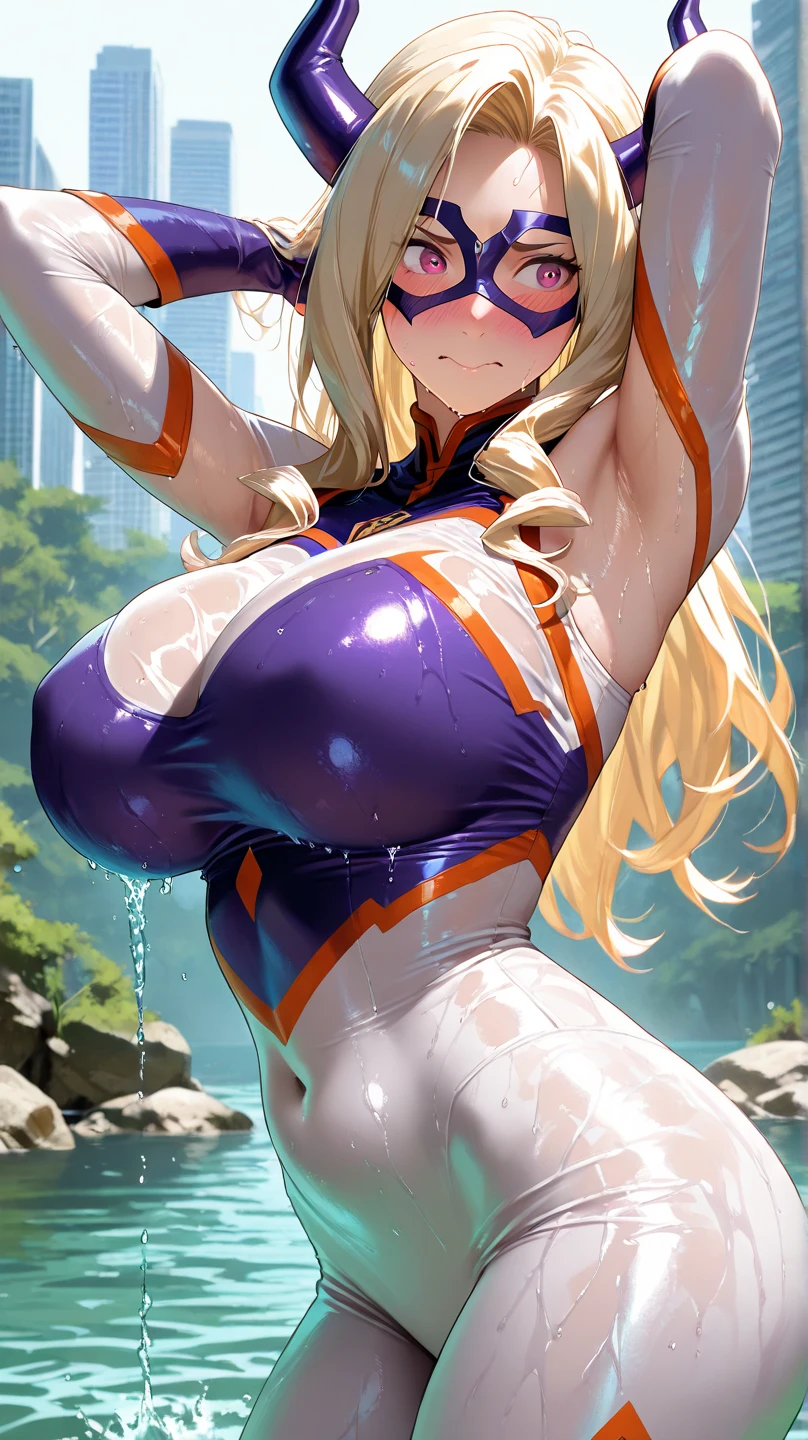 Anime illustration、alone,One Girl(Large Breasts)、(Perfect Eyes, Highest quality:1.2),Highest quality、idol carving、Perfect Proportions,Wearing a grid_girl outfit with sponsor's logo printed、Sexy Stage、、Sexy pose、piece、Fascinating and seductive look、Wet Skin、Blurred foreground,(Big Breasts)、Thick thighs、((Shiny Hair, Glowing Skin)),1000+ Favorite quality、