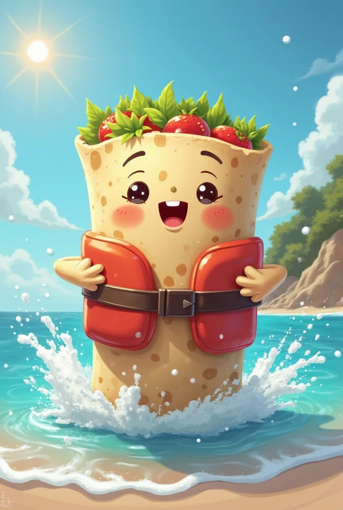 draw a burrito mascot swimming out of shore with a  lifevest