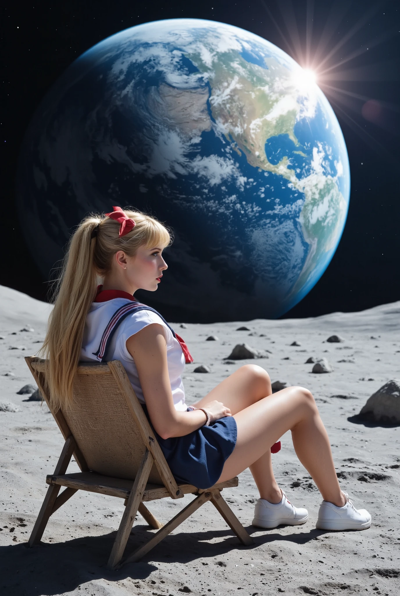 Create a hyper-realistic photograph of a beautiful 20-year-old girl with fair skin. She has very long straight blonde hair styled in two buns, resembling twin tails. She is wearing a Sailormoon costume and is lounging on a beach chair under the sun on the moon's surface. The background features the lunar landscape, with a stunning view of the Earth filling the screen from the perspective of outer space.
