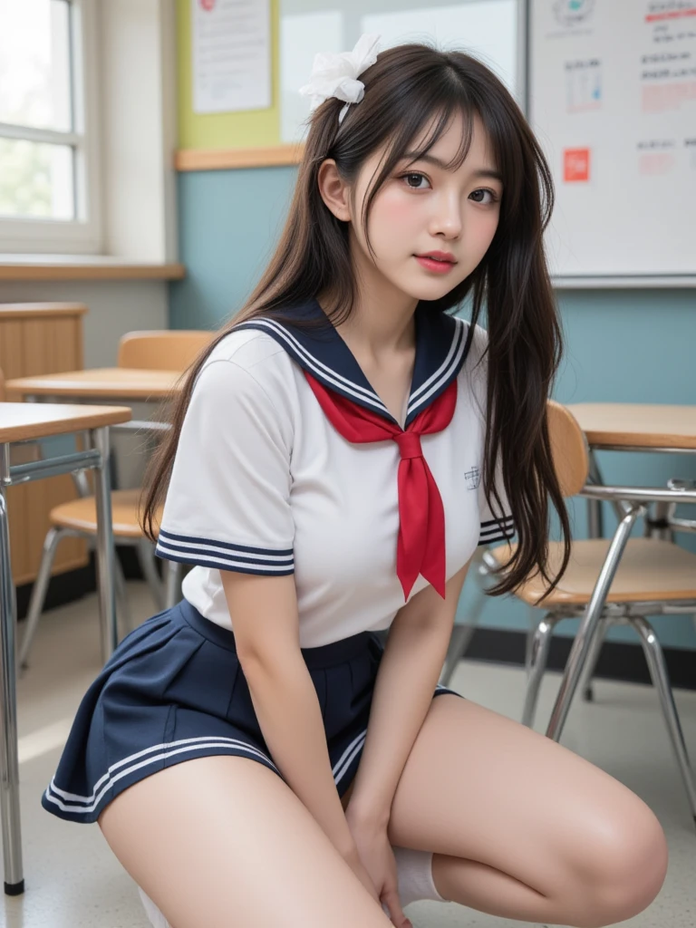 1girl, Cute, black-haired, , Smile, Looks pure, Sailor Suit, Photography, Realistic, Best Quality, Detailed face, Full body, slender, Slender legs, Long legs, Wearing thigh-high socks, shoes on, School, Classroom