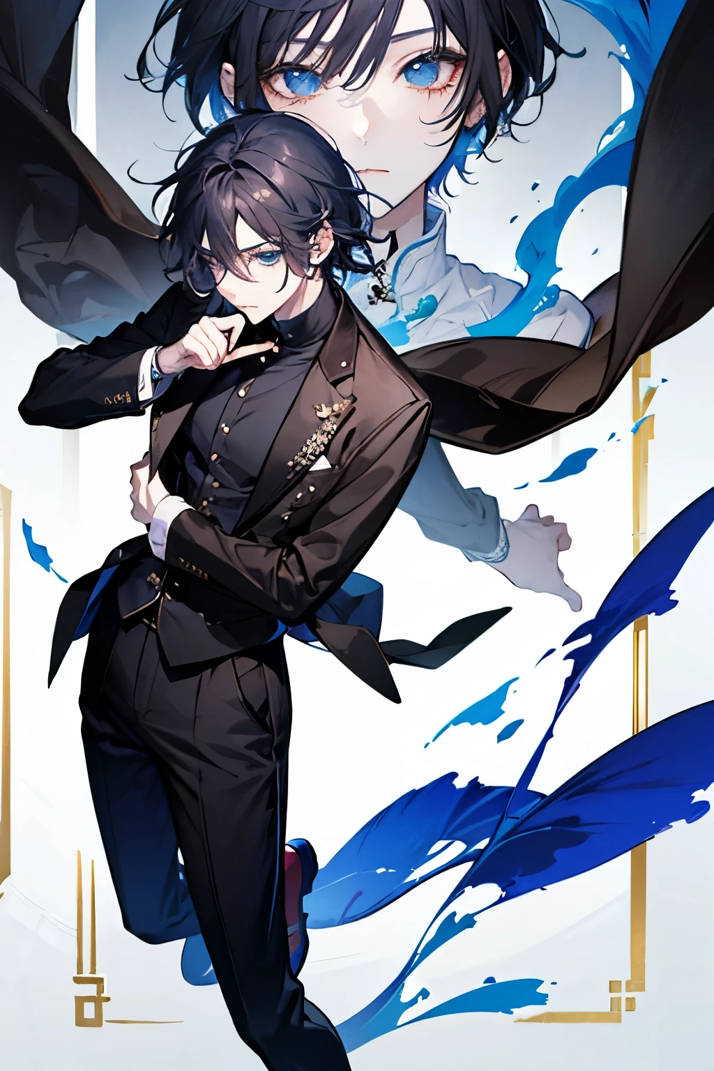  A close-up photo of a person , I'm wearing a black shirt and brown jacket., Touji Fushiguro's handsome girl, He has dark gray hair,  Guwaze style artwork , tall anime character with blue eyes, girl anime style,  animation style, anime handsome woman, Delicate and neutral princess, Beautiful androgenus princess, sweaty suit made by Animation Painter Studio. 4K. 고화질.  full body. various poses