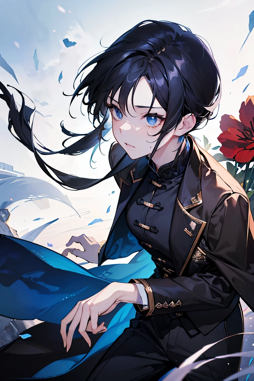  A close-up photo of a person , I'm wearing a black shirt and brown jacket., Touji Fushiguro's handsome girl, He has dark gray hair,  Guwaze style artwork , tall anime character with blue eyes, girl anime style,  animation style, anime handsome woman, Delicate and neutral princess, Beautiful androgenus princess, sweaty suit made by Animation Painter Studio. 4K. 고화질.  full body. various poses
