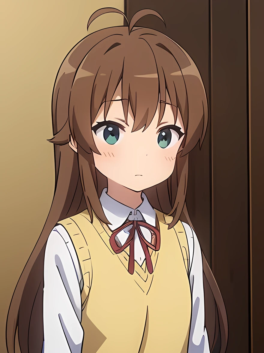 (masterpiece, top quality), EXTREMELY detailed CG Unity 8k wallpaper, high definition, bold composition, masterpiece, best quality, amazing quality, very aesthetic, high resolution, ultra-detailed, absurdres, newest, scenery, depth of field, voLumetric lighting , artistic composition, Anime screencap, Flat animation, 1 girl, nose blush, matur, 四つん這い、視聴者を見ている、下から, 前から, アニメ, 高精細, 指をさす, 寝室, 手のアップ, 日本, 高精細, 恥ずかしい, EdobUruseiYatsura, nonkomari, dwarf, little_girl, , school_uniform, sweater vest, neck ribbon, brown_hair, long_hair, green_eyes, blush, antenna_hair, bangs, 短足, 10歳, グレーのスカート, 顔のアップ