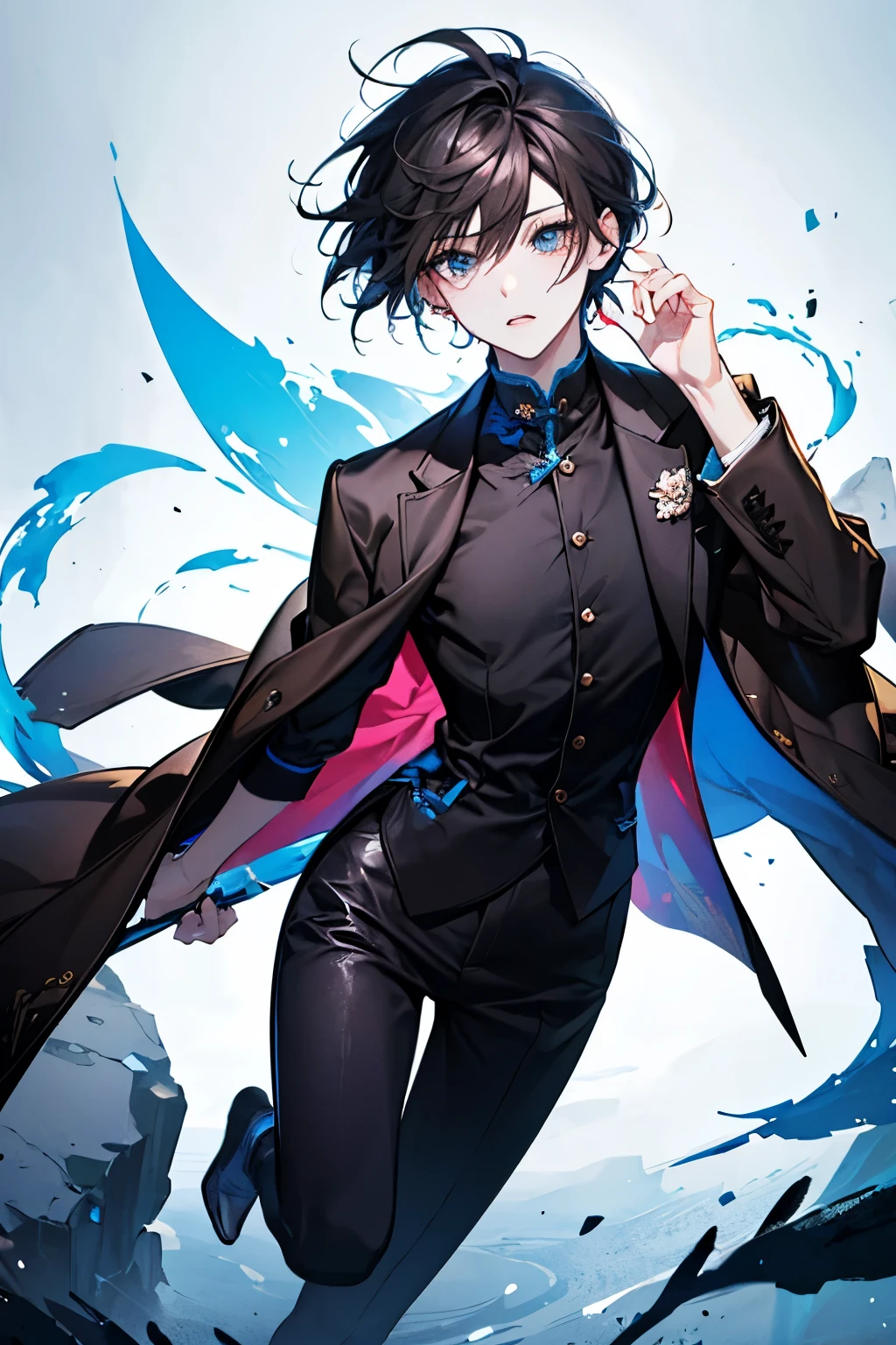  A close-up photo of a person , I'm wearing a black shirt and brown jacket., Handsome girl from Touji Fushiguro, He has dark gray hair,  Guwaze style artwork , tall anime character with blue eyes,  girl animation style ,  animation style, Anime Handsome Girl, Delicate and neutral princess, Beautiful androgenus princess, sweaty suit made by Animation Painter Studio. 4K. 고화질.  full body. various poses