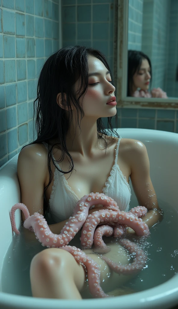 A realistic young woman lies motionless in a large, white bathtub filled with clear water. Her eyes are closed, head tilted back, lips slightly parted, as if she's trying to relax — but her expression hints at growing unease. She wears a thin, white tank top soaked and clinging to her body. From beneath the water, several thick, glistening octopus tentacles begin to rise — wrapping slowly around her wrists, ankles, and waist, emerging silently like predators from the depths. The water ripples gently, reflecting the cold, flickering bathroom light. One tentacle is already curling across her collarbone, another sliding past her thigh. The atmosphere is quiet, too quiet — a moment frozen before panic erupts. Wet tile walls, fogged mirror in the background, condensation on her skin. Hyper-detailed, photorealistic, cinematic lighting, dark surrealism, 8K.