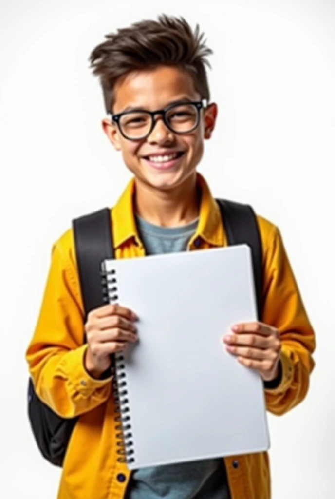 happy boy, Brown hair, anteojos,  vestido de colores alegres como naranja, azul, morado, verde, en alto contraste,  lleva una mochila,  rodeado de formulas matematicas, gracioso, alborotado, alegre, divertido sonrisa y vivaz una master pieza increible ideal para el regreso a clases,deja copy space a la derecha  con rostro de asombro mirando a su lado, escribe "back to the school" fondo gris oscuro uhd fotografia