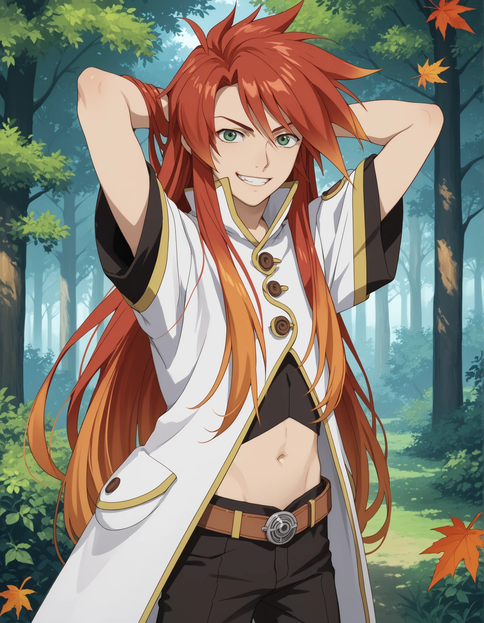 score_9, score_8_up, score_7_up, source_anime, solo, male focus, 1boy, lukefon, big eyes, red hair, long hair, orange hair tips, green eyes, smirk, teeth, shirt, black undershirt, coat, high collar, white coat, midriff, black pants, cowboy shot, leaves, trees, arms behind head