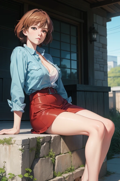 merula, full body, thighs, boots high heels, solo girl, medium tits, military camouflage mini skirt, belly, blouse
