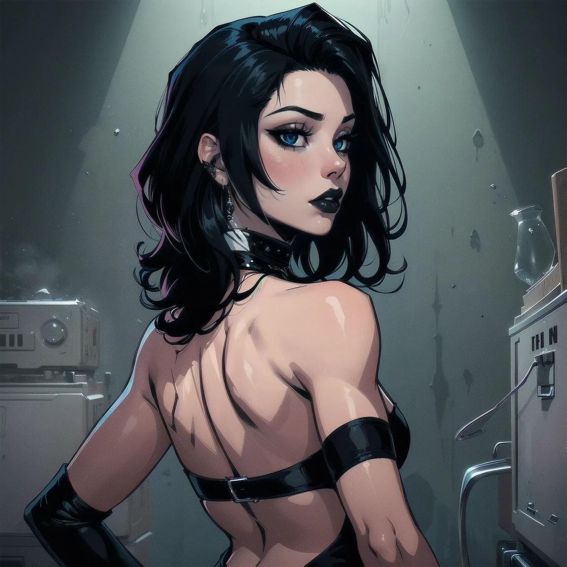 a woman with medium black hair, hair on shoulders, wearing black pant, black jacket, blue eyes, zombie art, gothic art, cute aesthetic with vibe, toon aesthetic, wearing gothic accessories, look like Cassie Hack, upper body, backwards, looking back, laundry background